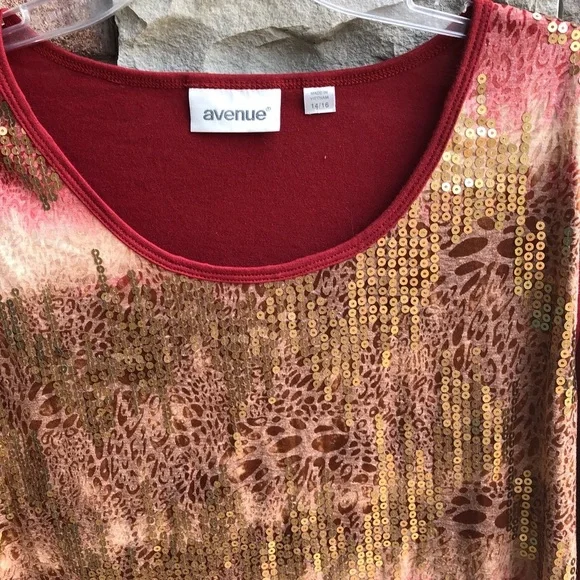Avenue Burgundy Leopard Top Gold Sequins Wom 14/16 - Picture 2 of 3
